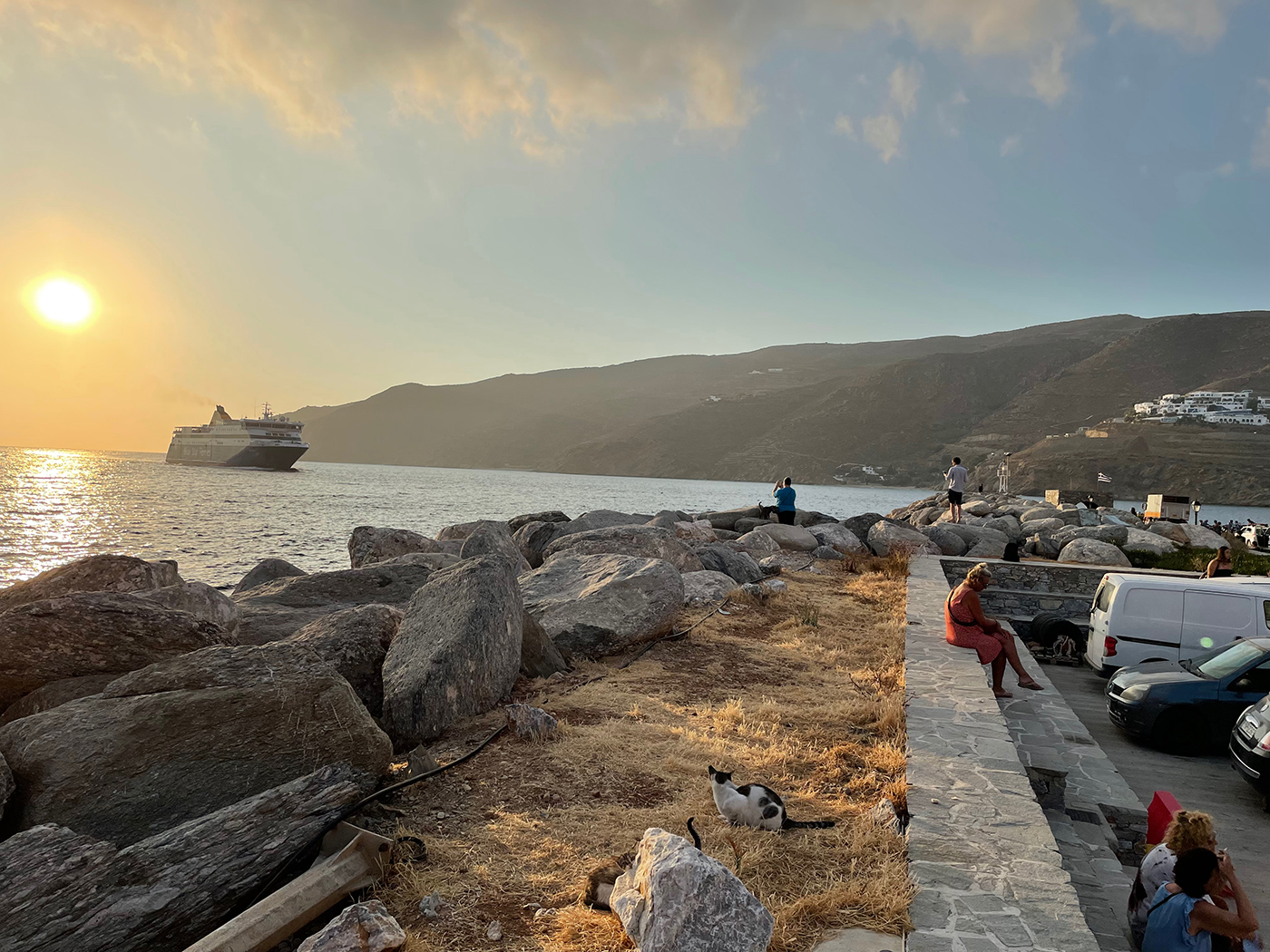 A picture of a Blue Star Ferry arriving at the Port of Aigiali, Amorgos